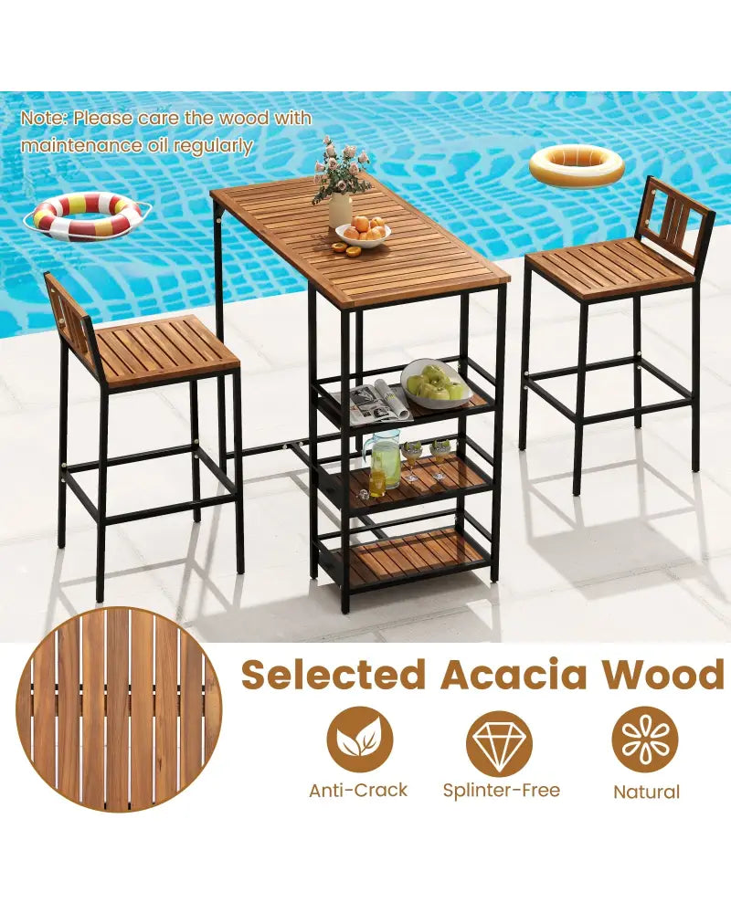3 Pieces Outdoor Wood Bar Set with 3-Tier Storage Shelf and Metal Frame - Brown - Patio Bar Furniture