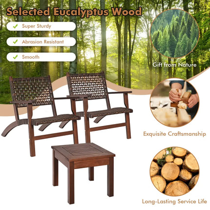 3 Pieces Outdoor Wooden Patio Rattan Furniture Set - Brown - Patio Conversation Sets