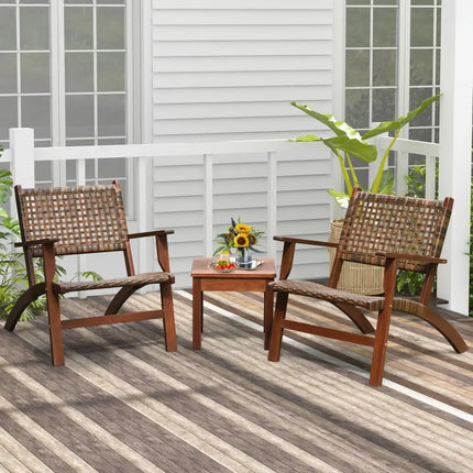 3 Pieces Outdoor Wooden Patio Rattan Furniture Set - Brown - Patio Conversation Sets