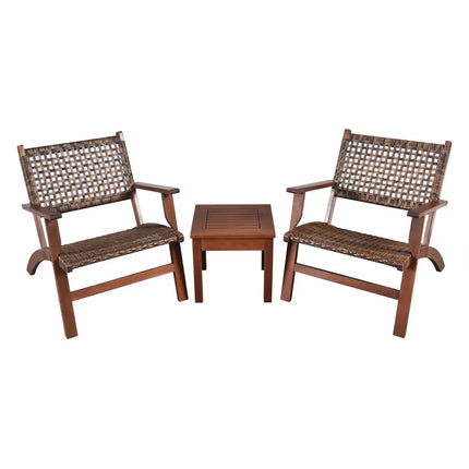 3 Pieces Outdoor Wooden Patio Rattan Furniture Set - Brown - Patio Conversation Sets