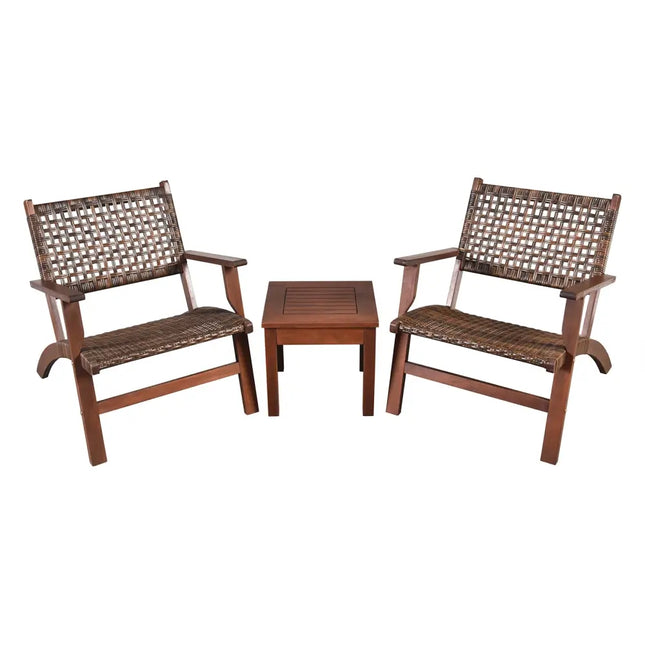 3 Pieces Outdoor Wooden Patio Rattan Furniture Set - Brown - Patio Conversation Sets