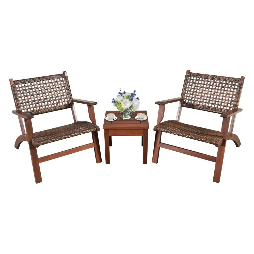3 Pieces Outdoor Wooden Patio Rattan Furniture Set - Brown - Patio Conversation Sets