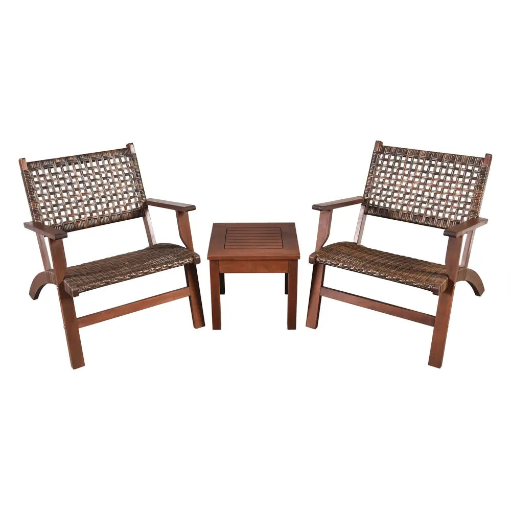 3 Pieces Outdoor Wooden Patio Rattan Furniture Set - Brown - Patio Conversation Sets