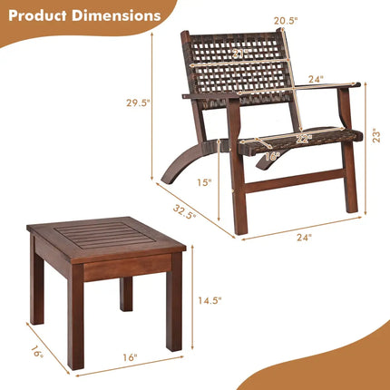 3 Pieces Outdoor Wooden Patio Rattan Furniture Set - Brown - Patio Conversation Sets