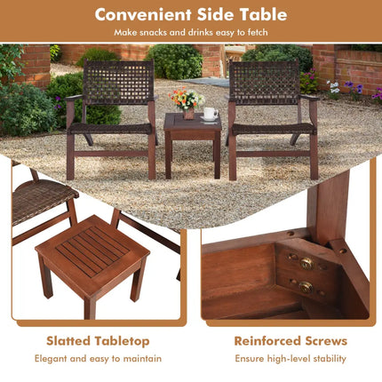 3 Pieces Outdoor Wooden Patio Rattan Furniture Set - Brown - Patio Conversation Sets