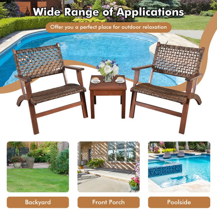 3 Pieces Outdoor Wooden Patio Rattan Furniture Set - Brown - Patio Conversation Sets