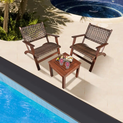 3 Pieces Outdoor Wooden Patio Rattan Furniture Set - Brown - Patio Conversation Sets
