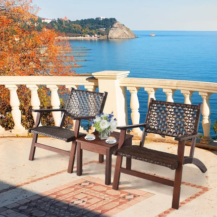 3 Pieces Outdoor Wooden Patio Rattan Furniture Set - Brown - Patio Conversation Sets