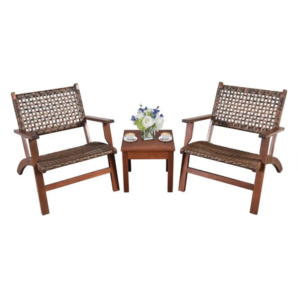 3 Pieces Outdoor Wooden Patio Rattan Furniture Set - Brown - Patio Conversation Sets