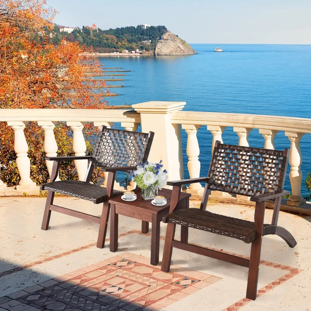3 Pieces Outdoor Wooden Patio Rattan Furniture Set - Brown - Patio Conversation Sets