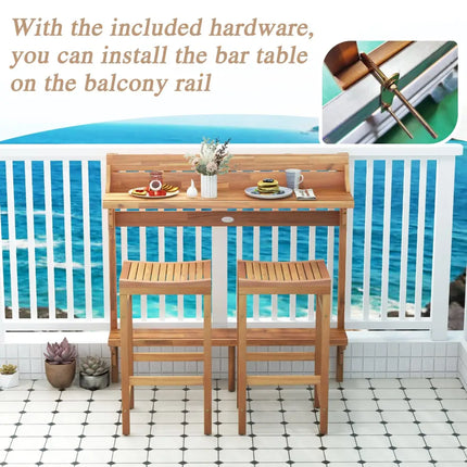 3 Pieces Patio Acacia Wood Bar Table Set with Footrest Curved Wood Seat - Natural - Patio Bar Furniture