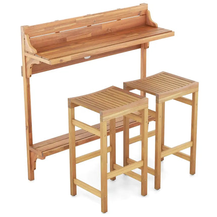 3 Pieces Patio Acacia Wood Bar Table Set with Footrest Curved Wood Seat - Natural - Patio Bar Furniture