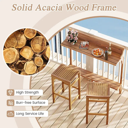 3 Pieces Patio Acacia Wood Bar Table Set with Footrest Curved Wood Seat - Natural - Patio Bar Furniture