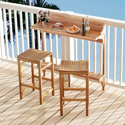 3 Pieces Patio Acacia Wood Bar Table Set with Footrest Curved Wood Seat - Natural - Patio Bar Furniture