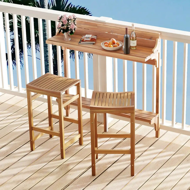 3 Pieces Patio Acacia Wood Bar Table Set with Footrest Curved Wood Seat - Natural - Patio Bar Furniture
