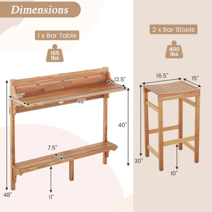 3 Pieces Patio Acacia Wood Bar Table Set with Footrest Curved Wood Seat - Natural - Patio Bar Furniture