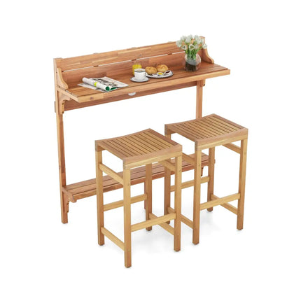 3 Pieces Patio Acacia Wood Bar Table Set with Footrest Curved Wood Seat - Natural - Patio Bar Furniture