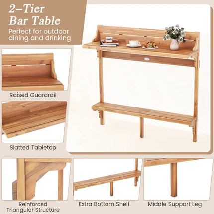 3 Pieces Patio Acacia Wood Bar Table Set with Footrest Curved Wood Seat - Natural - Patio Bar Furniture