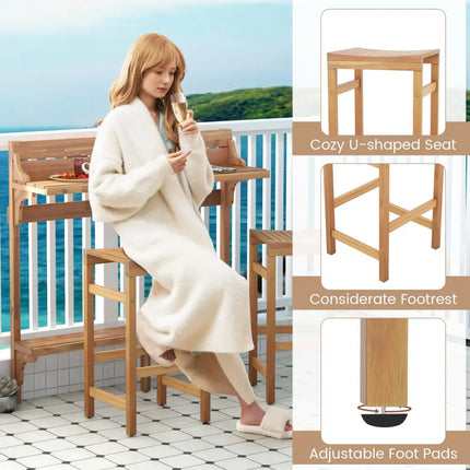 3 Pieces Patio Acacia Wood Bar Table Set with Footrest Curved Wood Seat - Natural - Patio Bar Furniture