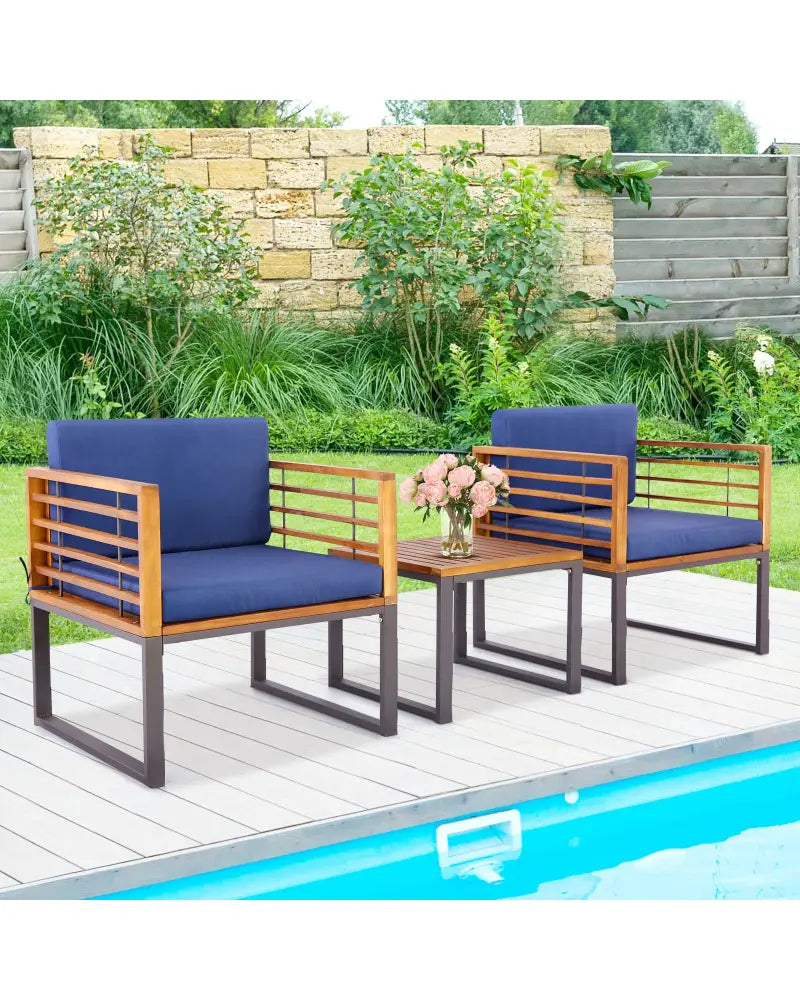 3 Pieces Patio Acacia Wood Conversation Set with Cushioned Armchairs-Navy - Navy - Patio Conversation Sets