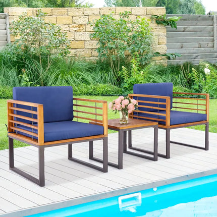 3 Pieces Patio Acacia Wood Conversation Set with Cushioned Armchairs-Navy - Navy - Patio Conversation Sets