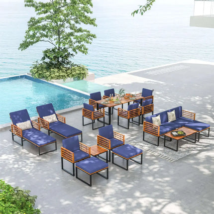 3 Pieces Patio Acacia Wood Conversation Set with Cushioned Armchairs-Navy - Navy - Patio Conversation Sets