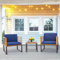 3 Pieces Patio Acacia Wood Conversation Set with Cushioned Armchairs-Navy - Navy - Patio Conversation Sets