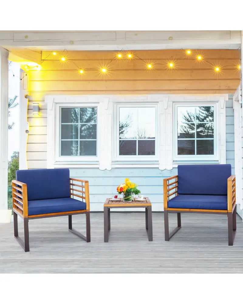 3 Pieces Patio Acacia Wood Conversation Set with Cushioned Armchairs-Navy - Navy - Patio Conversation Sets