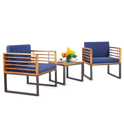 3 Pieces Patio Acacia Wood Conversation Set with Cushioned Armchairs-Navy - Navy - Patio Conversation Sets