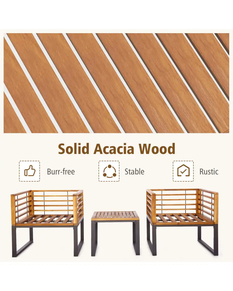 3 Pieces Patio Acacia Wood Conversation Set with Cushioned Armchairs-Navy - Navy - Patio Conversation Sets