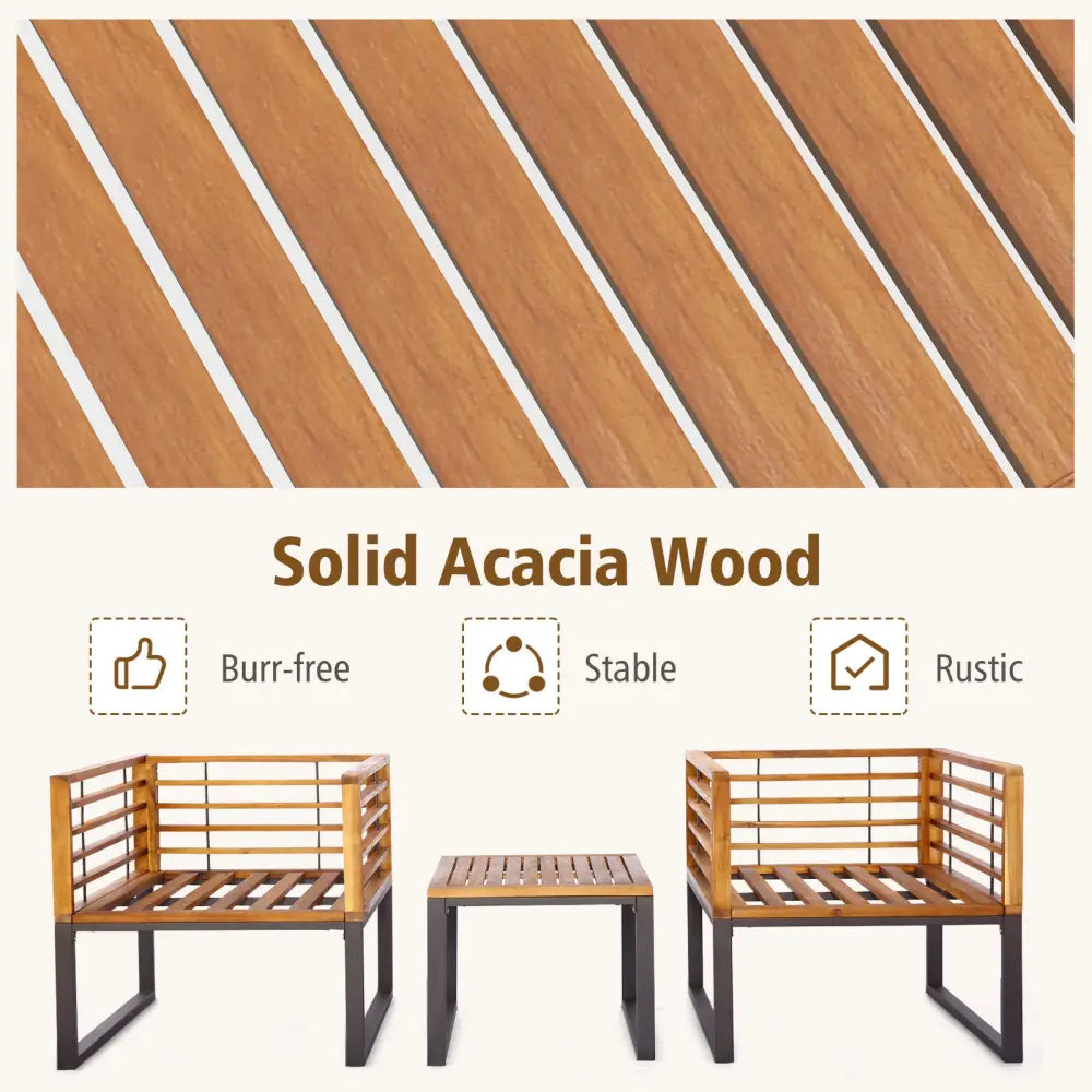 3 Pieces Patio Acacia Wood Conversation Set with Cushioned Armchairs-Navy - Navy - Patio Conversation Sets