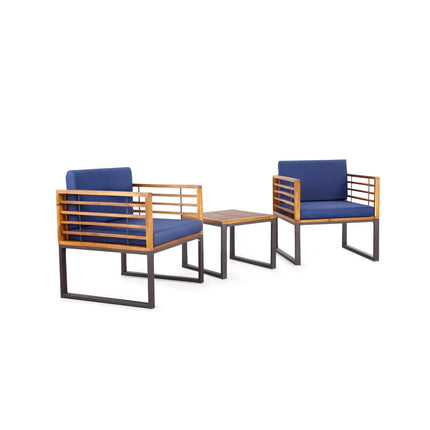3 Pieces Patio Acacia Wood Conversation Set with Cushioned Armchairs-Navy - Navy - Patio Conversation Sets