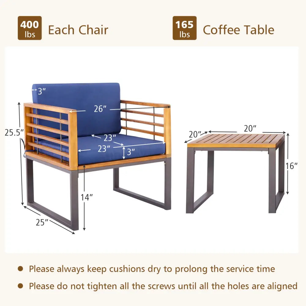 3 Pieces Patio Acacia Wood Conversation Set with Cushioned Armchairs-Navy - Navy - Patio Conversation Sets