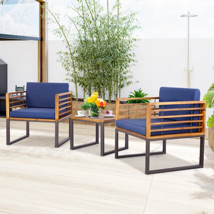 3 Pieces Patio Acacia Wood Conversation Set with Cushioned Armchairs-Navy - Navy - Patio Conversation Sets