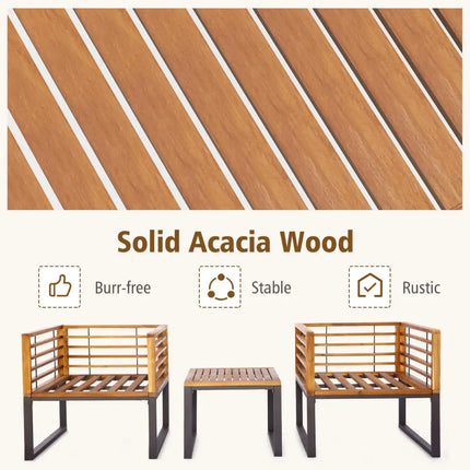 3 Pieces Patio Acacia Wood Conversation Set with Cushioned Armchairs-Navy - Navy - Patio Conversation Sets