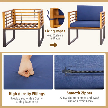 3 Pieces Patio Acacia Wood Conversation Set with Cushioned Armchairs-Navy - Navy - Patio Conversation Sets