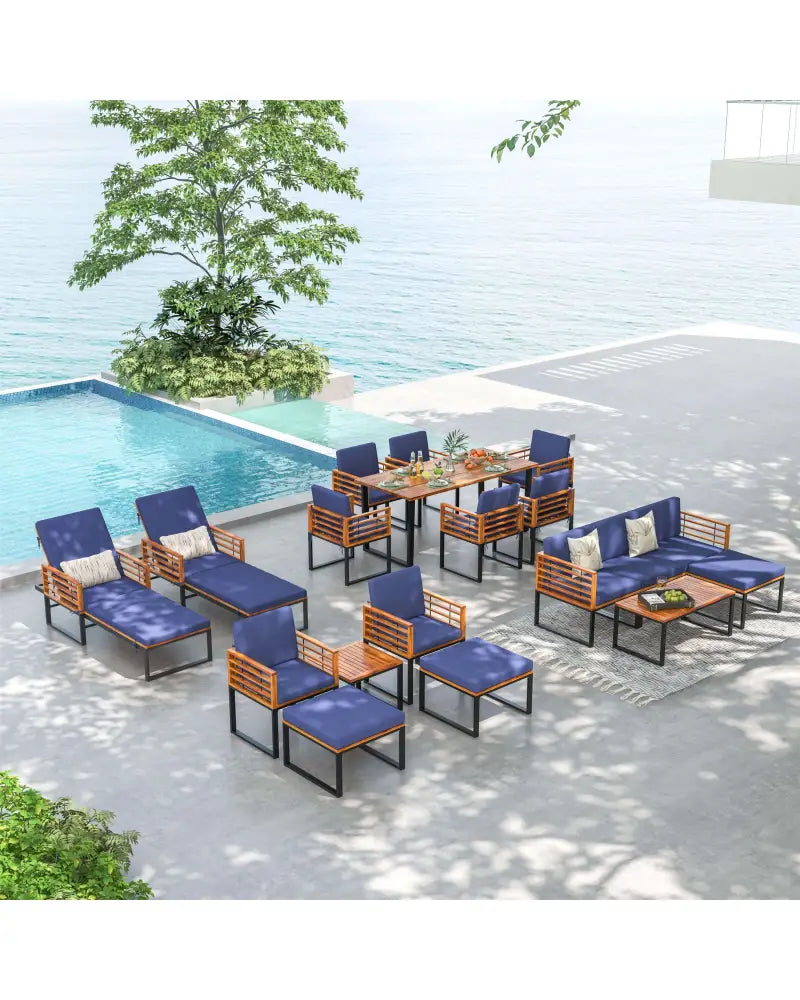 3 Pieces Patio Acacia Wood Conversation Set with Cushioned Armchairs-Navy - Navy - Patio Conversation Sets