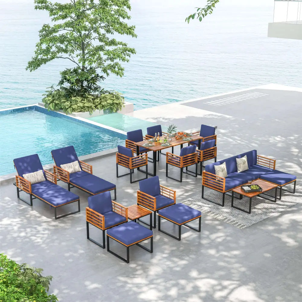 3 Pieces Patio Acacia Wood Conversation Set with Cushioned Armchairs-Navy - Navy - Patio Conversation Sets