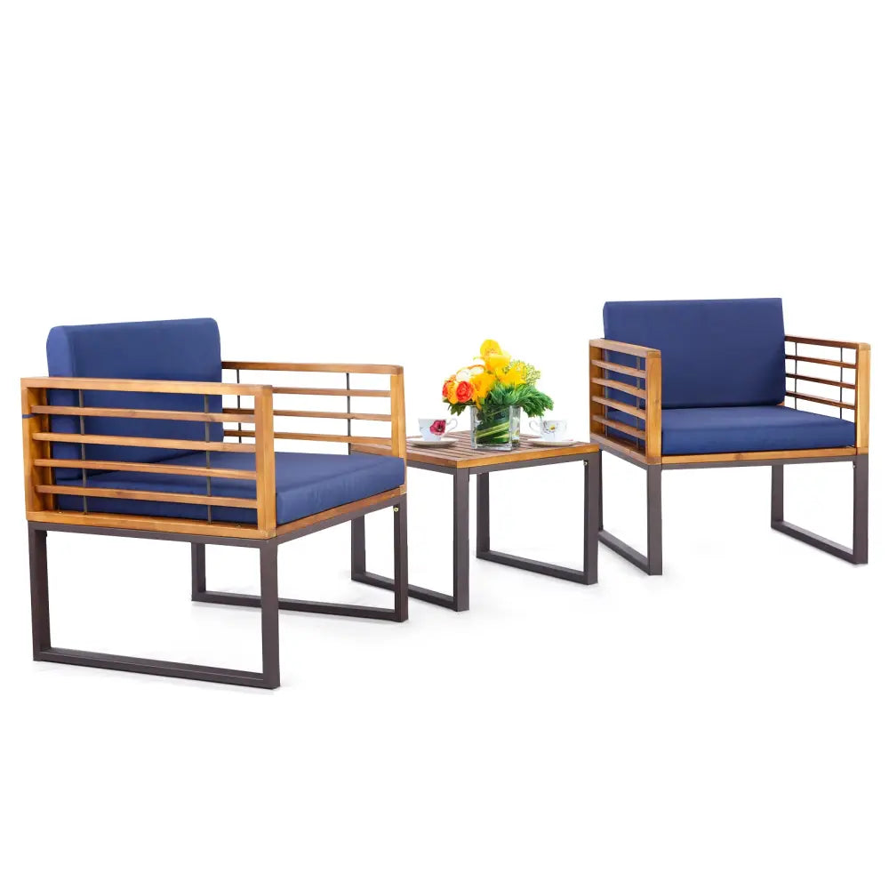 3 Pieces Patio Acacia Wood Conversation Set with Cushioned Armchairs-Navy - Navy - Patio Conversation Sets