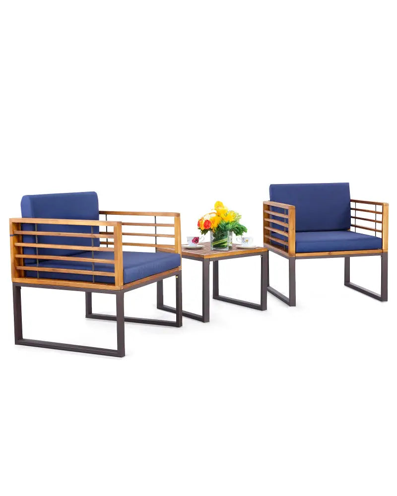 3 Pieces Patio Acacia Wood Conversation Set with Cushioned Armchairs-Navy - Navy - Patio Conversation Sets