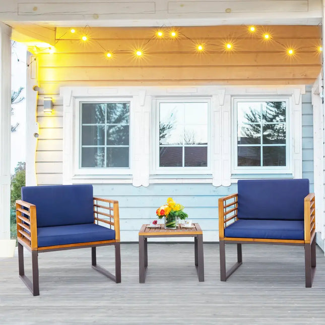 3 Pieces Patio Acacia Wood Conversation Set with Cushioned Armchairs-Navy - Navy - Patio Conversation Sets