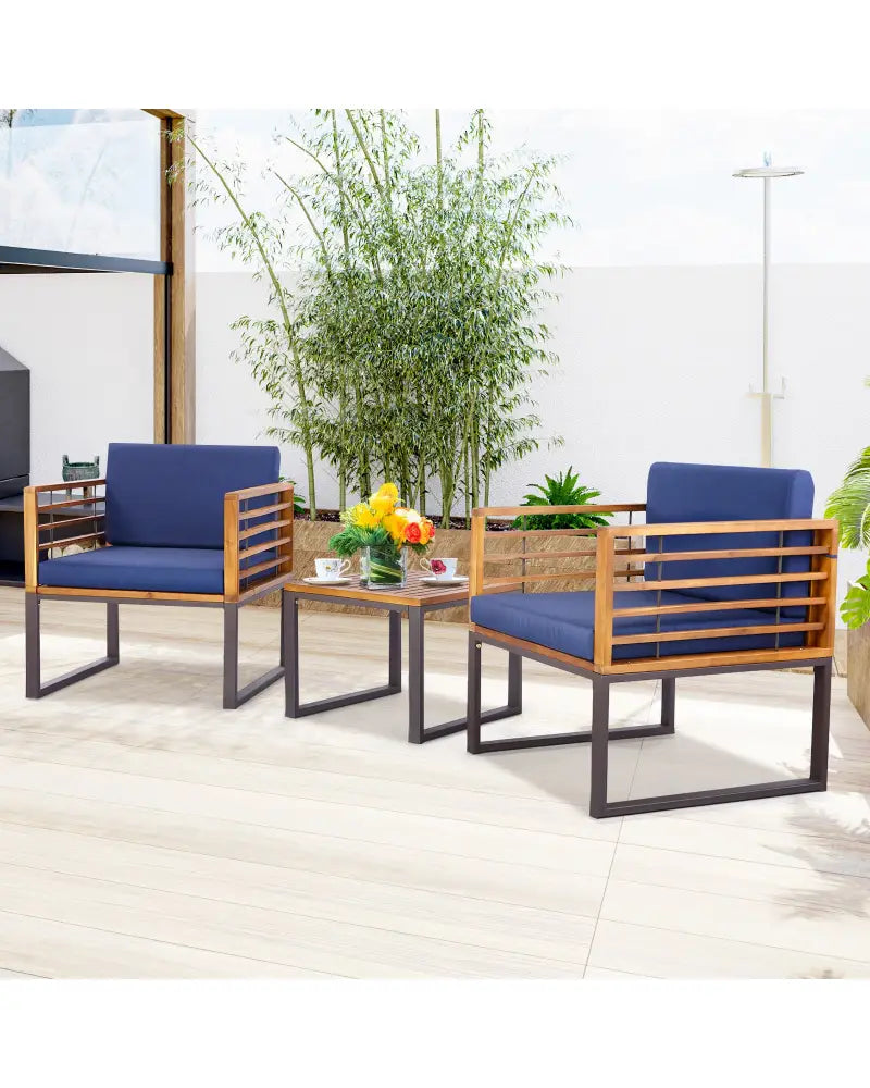 3 Pieces Patio Acacia Wood Conversation Set with Cushioned Armchairs-Navy - Navy - Patio Conversation Sets