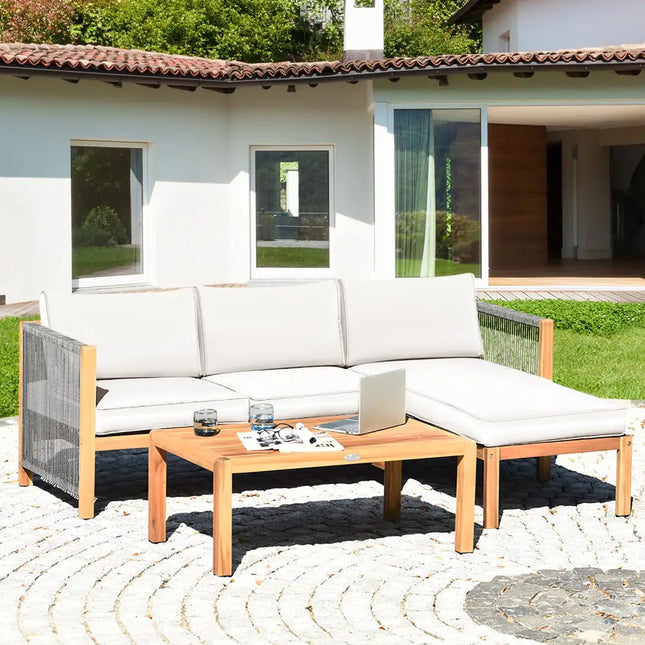 3 Pieces Patio Acacia Wood Sofa Furniture Set with Nylon Rope Armrest-White - White - Outdoor Sectionals