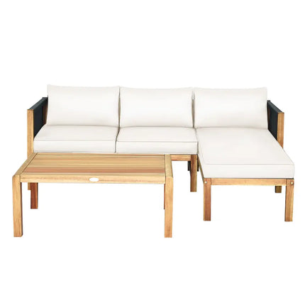 3 Pieces Patio Acacia Wood Sofa Furniture Set with Nylon Rope Armrest-White - White - Outdoor Sectionals