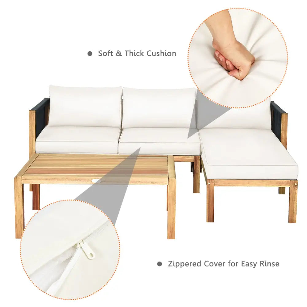 3 Pieces Patio Acacia Wood Sofa Furniture Set with Nylon Rope Armrest-White - White - Outdoor Sectionals