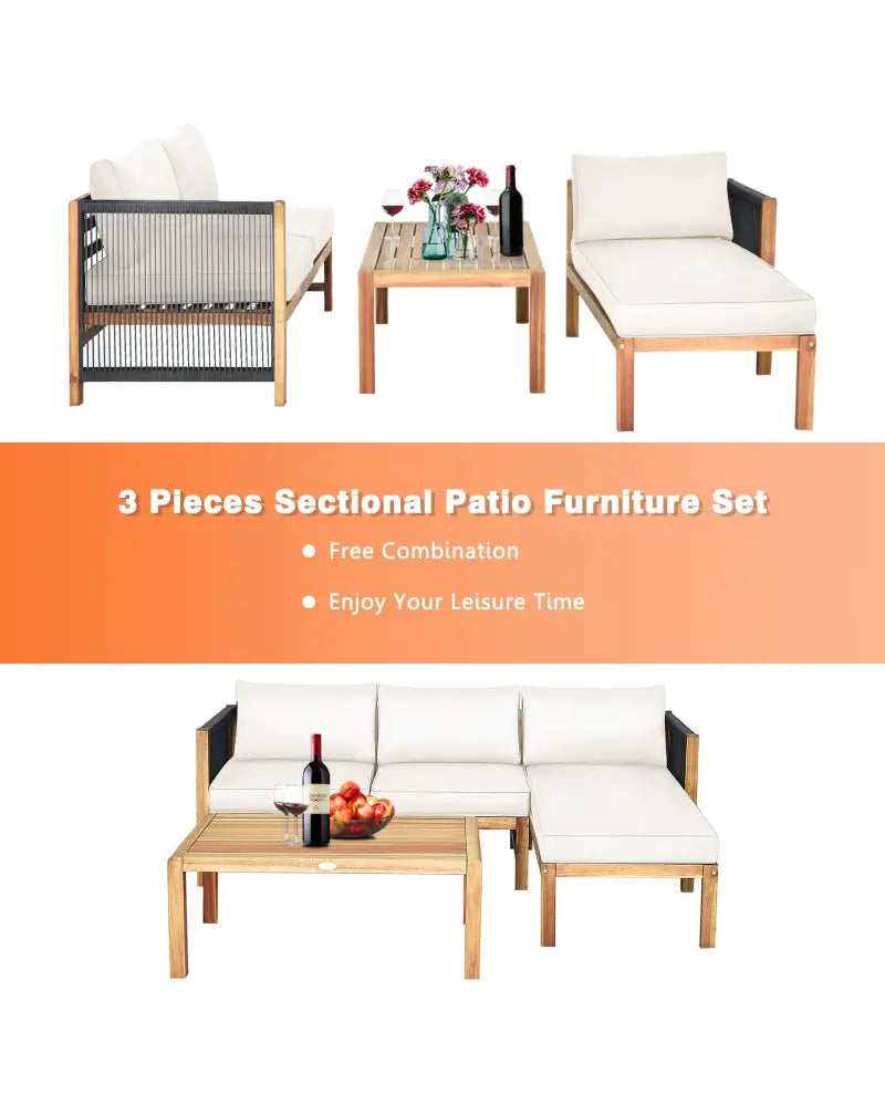 3 Pieces Patio Acacia Wood Sofa Furniture Set with Nylon Rope Armrest-White - White - Outdoor Sectionals