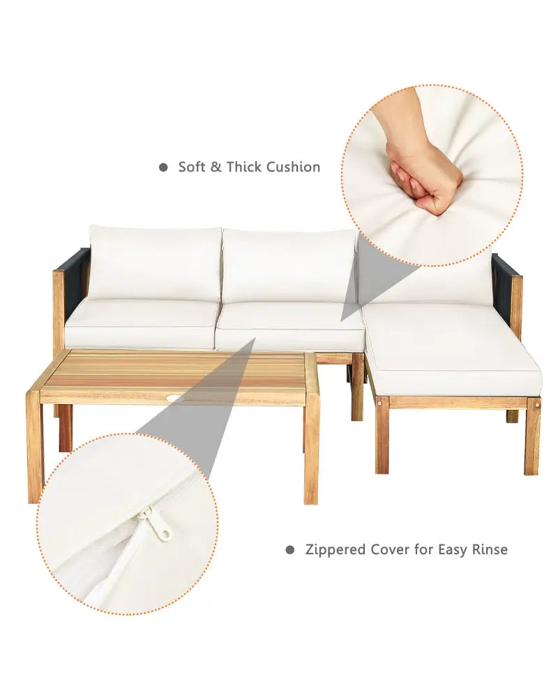 3 Pieces Patio Acacia Wood Sofa Furniture Set with Nylon Rope Armrest-White - White - Outdoor Sectionals