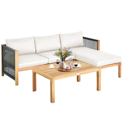 3 Pieces Patio Acacia Wood Sofa Furniture Set with Nylon Rope Armrest-White - White - Outdoor Sectionals