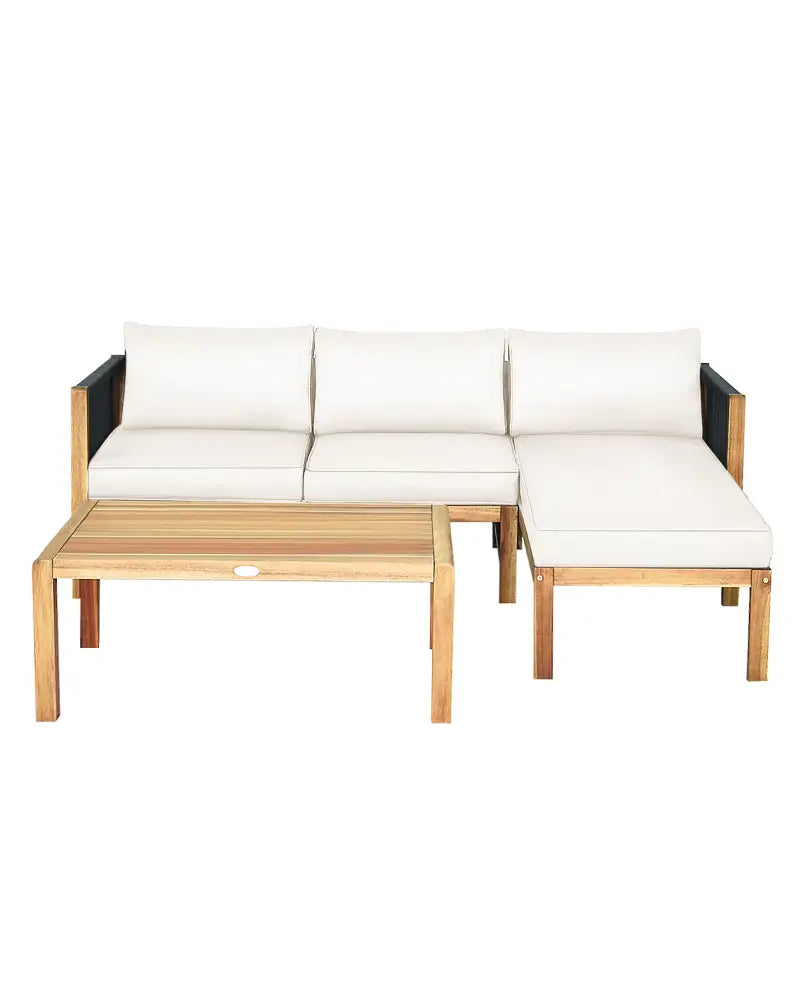 3 Pieces Patio Acacia Wood Sofa Furniture Set with Nylon Rope Armrest-White - White - Outdoor Sectionals