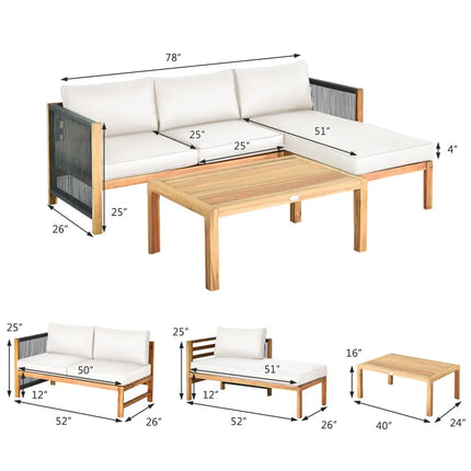 3 Pieces Patio Acacia Wood Sofa Furniture Set with Nylon Rope Armrest-White - White - Outdoor Sectionals